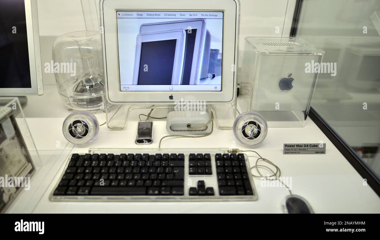 Warsaw, Poland. 10 February 2023. Inside the Apple Museum. Power Mac G4 Cube computer. Stock Photo