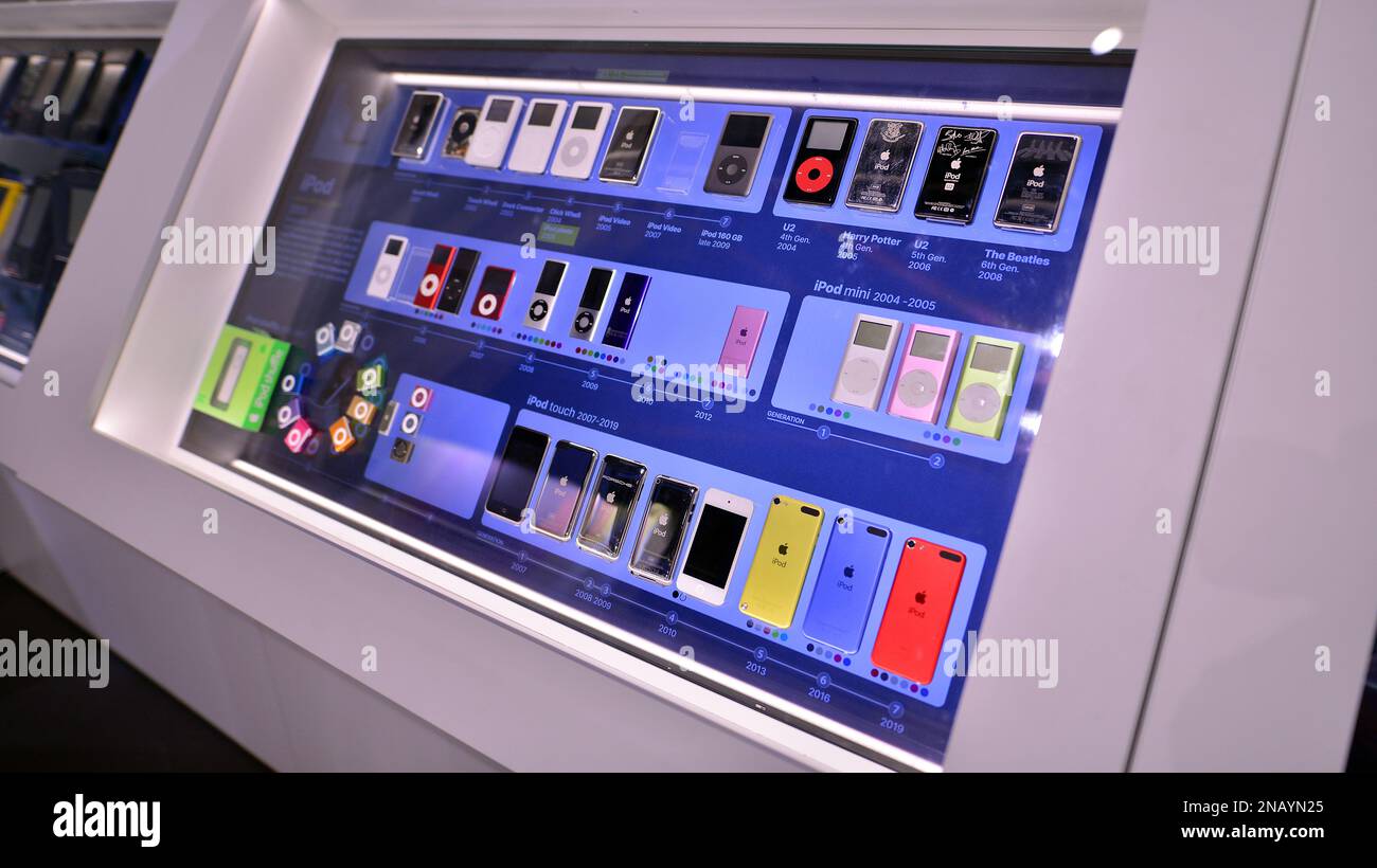 Warsaw, Poland. 10 February 2023. Inside the Apple Museum. iPod ...