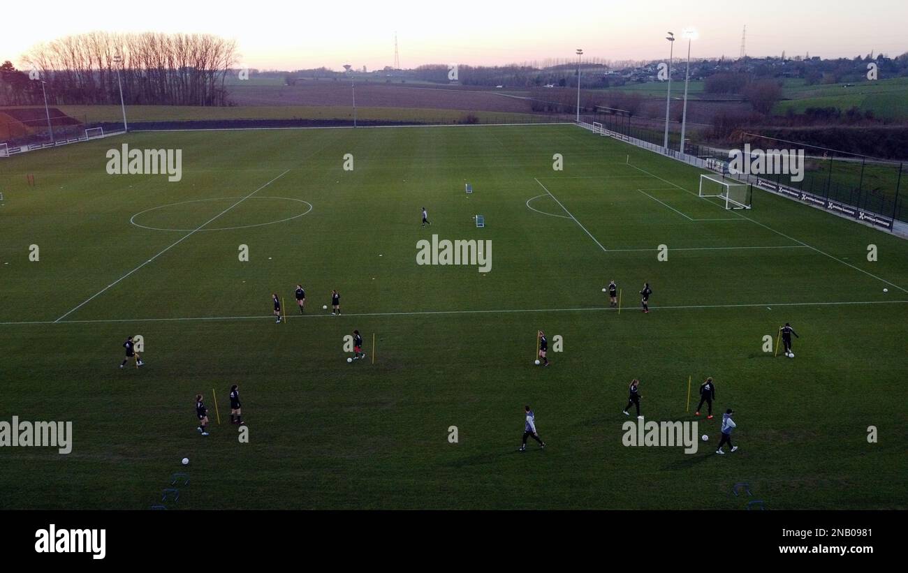 Aerial drone picture shows  a training session of Belgium's national women's soccer team the Red Flames, in Tubize, Monday 13 February 2023. The Red Flames are participating in the Arnold Clark Cup, an invitational women's association football tournament, from 16 to 22 February 2023. BELGA PHOTO ERIC LALMAND Stock Photo