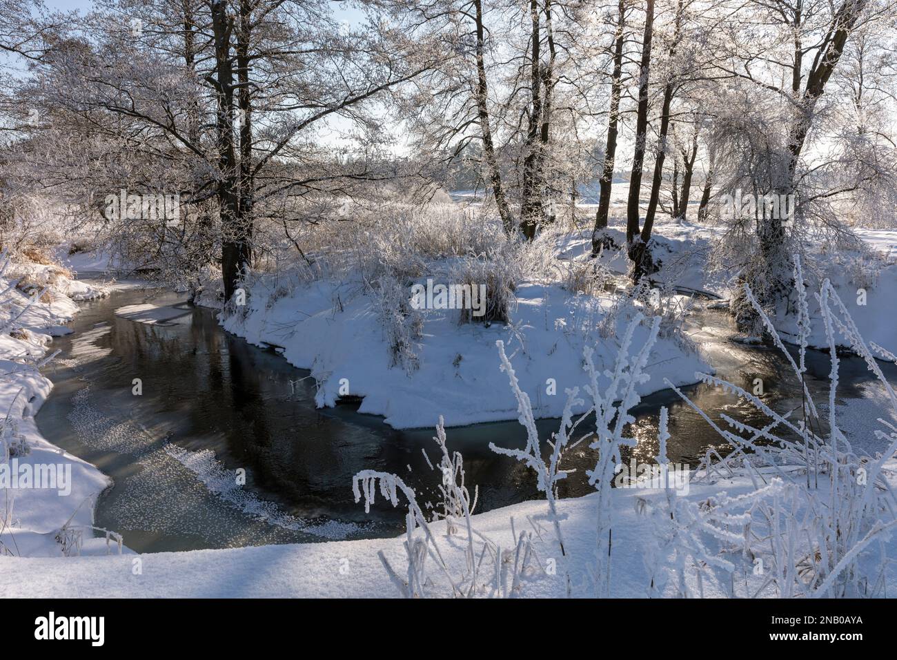 Winter scene, Kirsna river, Poland Stock Photo