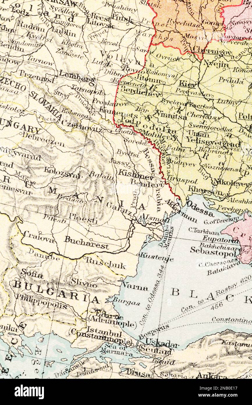 c.1935 historical atlas map of Romania, Bulgaria, Moldova capital Chișinău / Kishinev, and distant Odessa and Kiev in Ukraine. Stock Photo