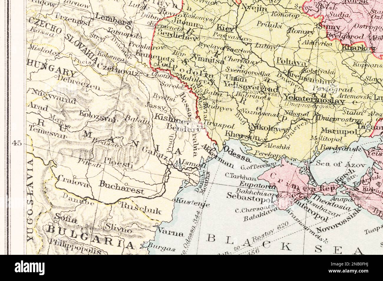 c.1935 atlas map Romania, Kishinev (current Chișinău, Moldova capital), Bessarabia, also Crimea, Odessa and Kherson in Ukraine. Stock Photo