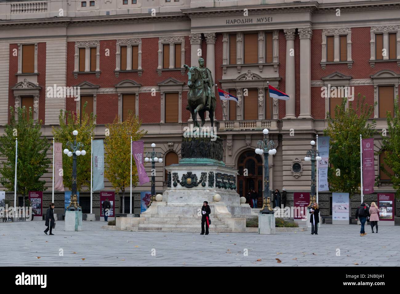 Statue of Prince Michael at Republic square in Belgrade, in front of National museum building Stock Photo