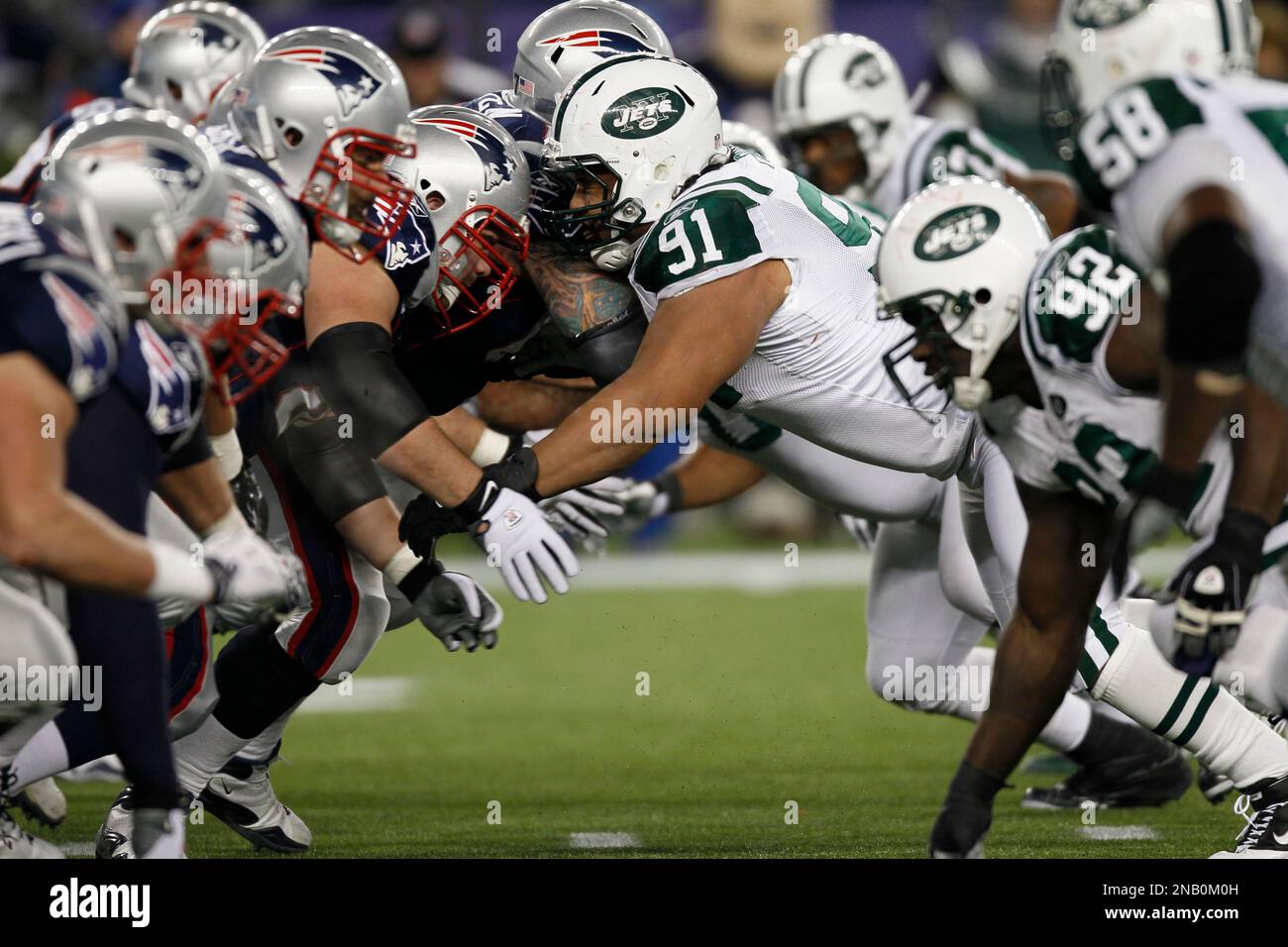 The New England Patriots and the Minnesota Vikings line up for a snap at  the line of scrimmage during the second half of New England's 28-18 win in  an NFL football game