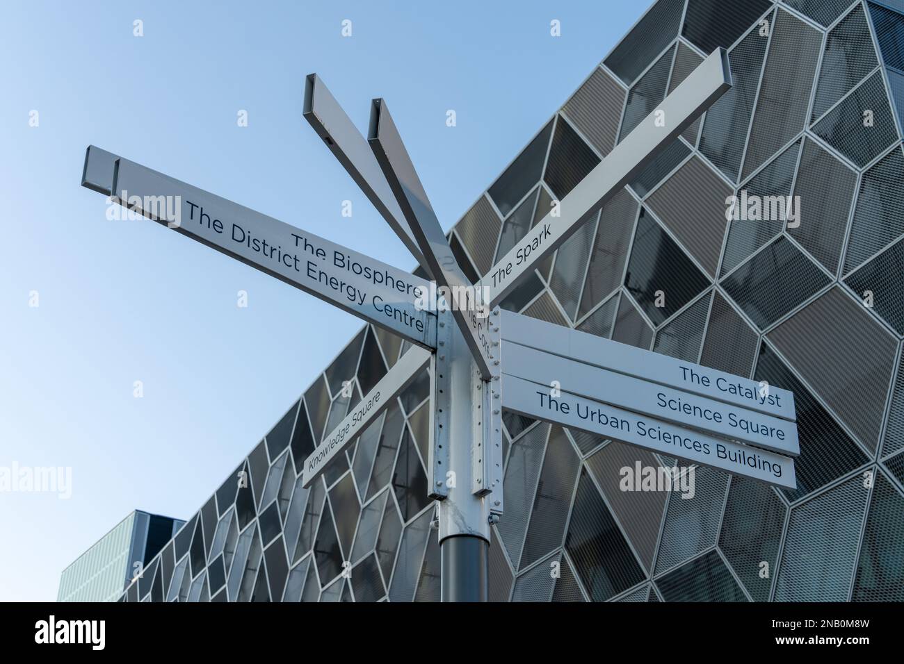 Sign post at Newcastle Helix science park innovative research hub in