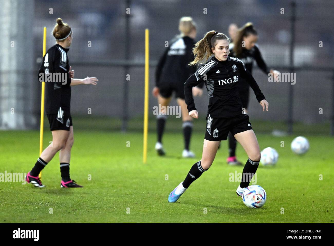 Valesca Ampoorter pictured during a training session of Belgium's national women's soccer team the Red Flames, in Tubize, Monday 13 February 2023. The Red Flames are participating in the Arnold Clark Cup, an invitational women's association football tournament, from 16 to 22 February 2023. BELGA PHOTO ERIC LALMAND Stock Photo