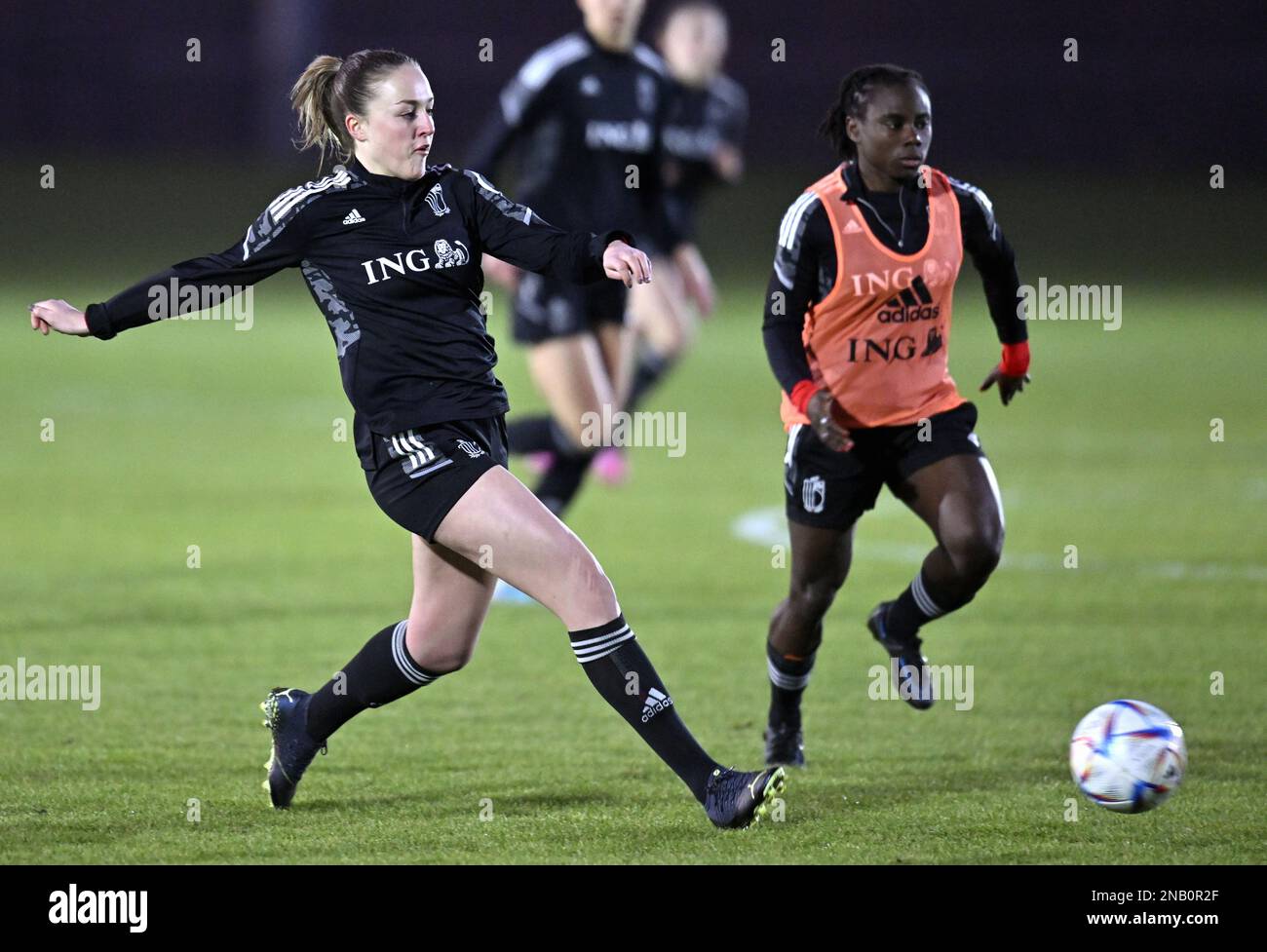 Illustration picture taken during a training session of Belgium's national women's soccer team the Red Flames, in Tubize, Monday 13 February 2023. The Red Flames are participating in the Arnold Clark Cup, an invitational women's association football tournament, from 16 to 22 February 2023. BELGA PHOTO ERIC LALMAND Stock Photo