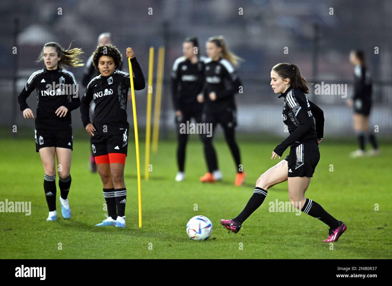 Illustration picture taken during a training session of Belgium's national women's soccer team the Red Flames, in Tubize, Monday 13 February 2023. The Red Flames are participating in the Arnold Clark Cup, an invitational women's association football tournament, from 16 to 22 February 2023. BELGA PHOTO ERIC LALMAND Stock Photo