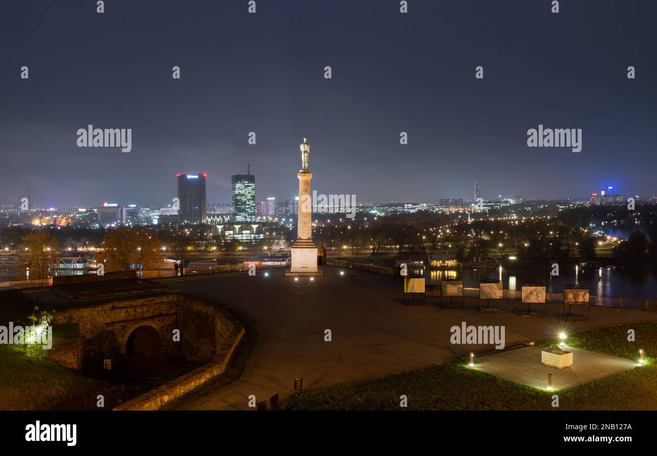 Victor statue at Belgrade park Kalemegdan during night, famous medieval landmark Stock Photo