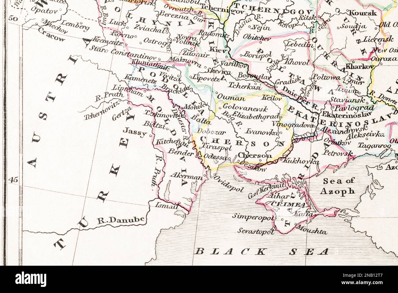 1830s historic atlas map of Moldova / Moldavia, Chișinău, Kishinau, Podolia, Kherson, Kiev, Odessa, Crimea and Black Sea (wide view) Stock Photo