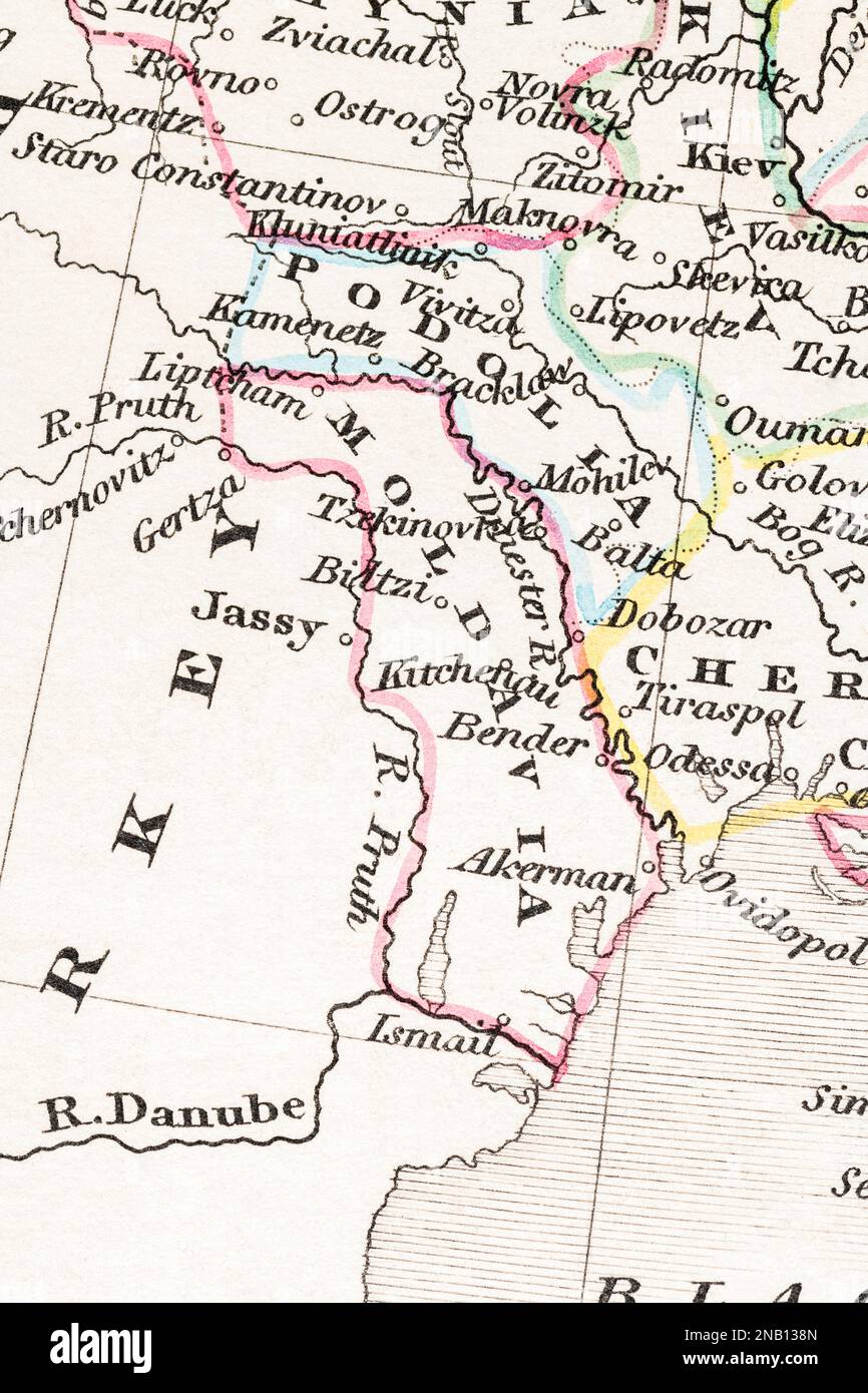 1830s historic atlas map of Moldavia / Moldova and Kishinau / Chișinău city in image centre. Stock Photo