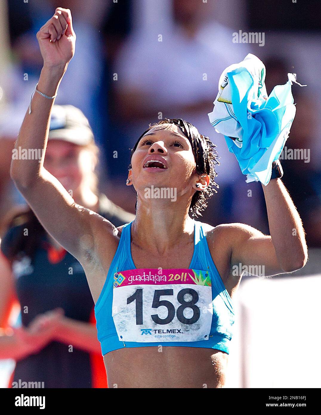 Guatemala's Jamy Franco reacts after crossing the finish line to win