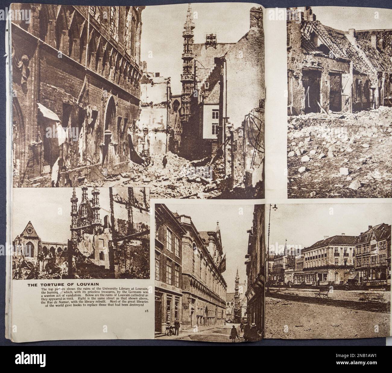 Photos of the bombed ruins of Louvain in 1918 in the World War 1914-1918 A Pictured History (1934). Stock Photo