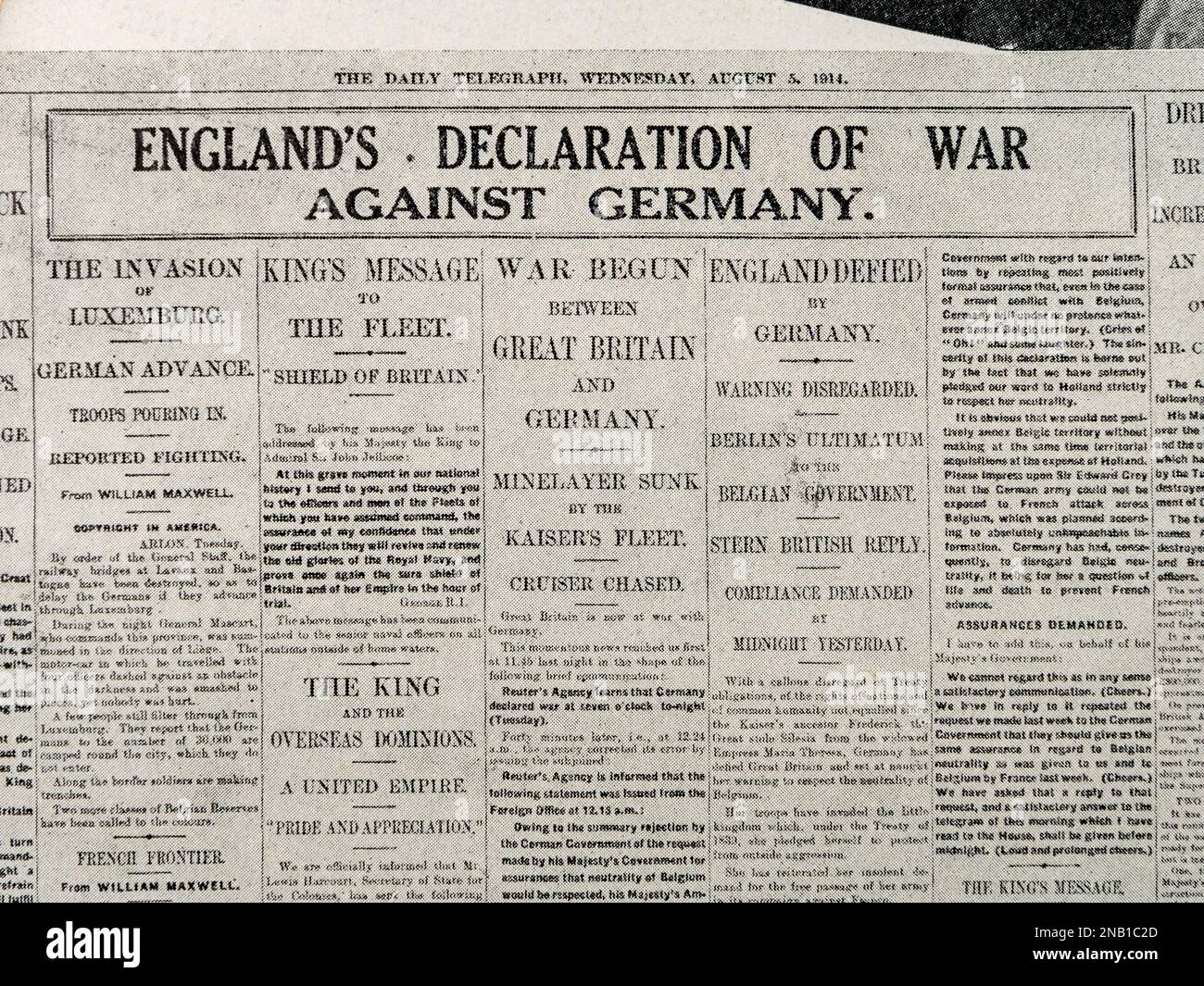 'Englands Declaration of War against Germany' on the Front page of The Daily Telegraph,5th August 1914. Stock Photo