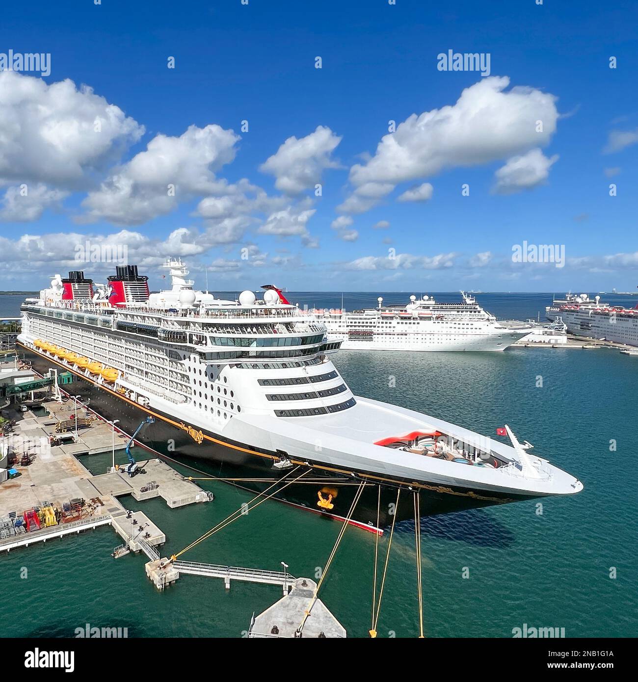 Orlando, FL USA - January 8, 2022:  The Disney Cruise Ship Fantasy at dock in Port Canaveral, Florida. Stock Photo