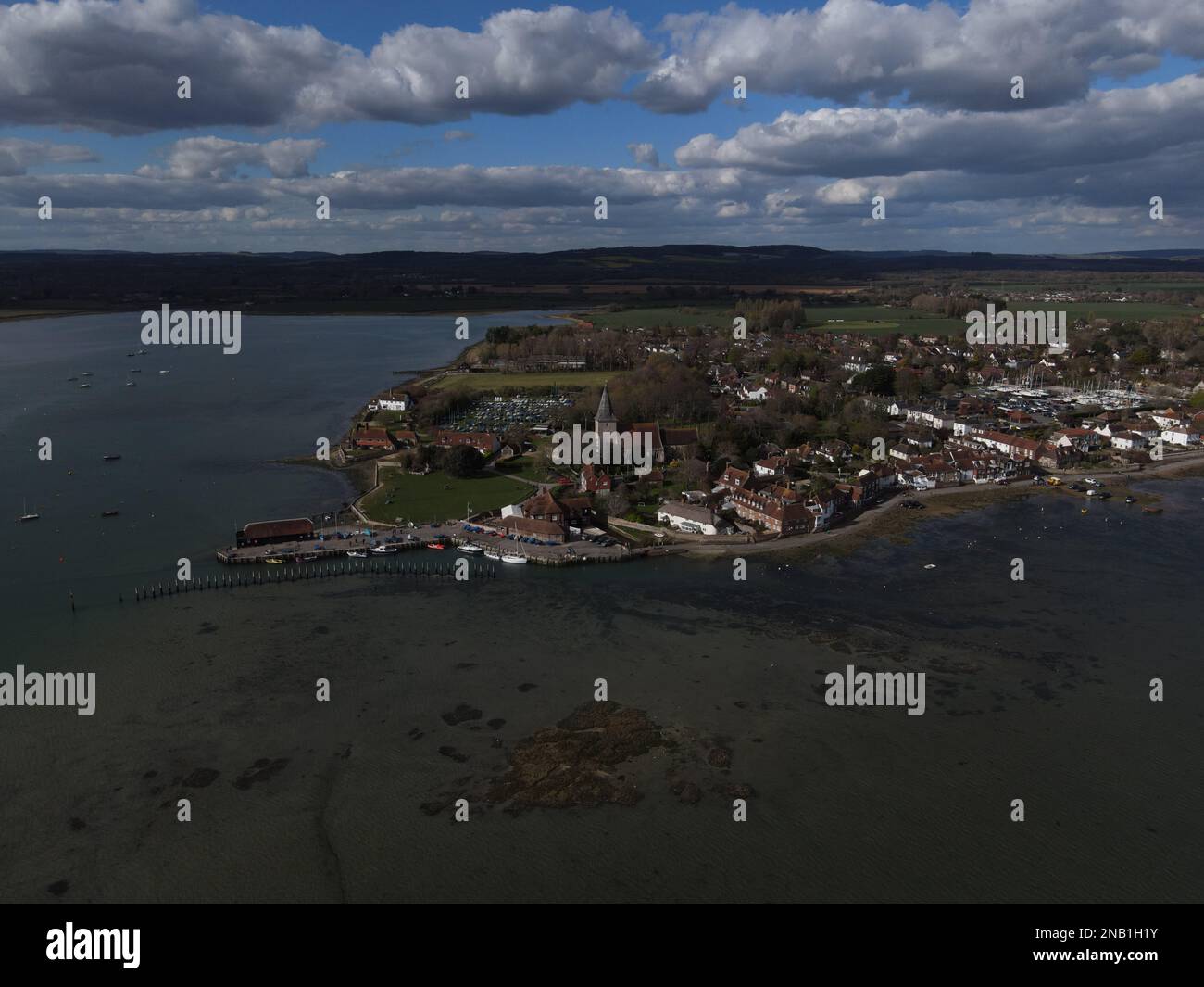 Bosham Village and the surrounding Chichester Harbour on a cloudy day. Stock Photo