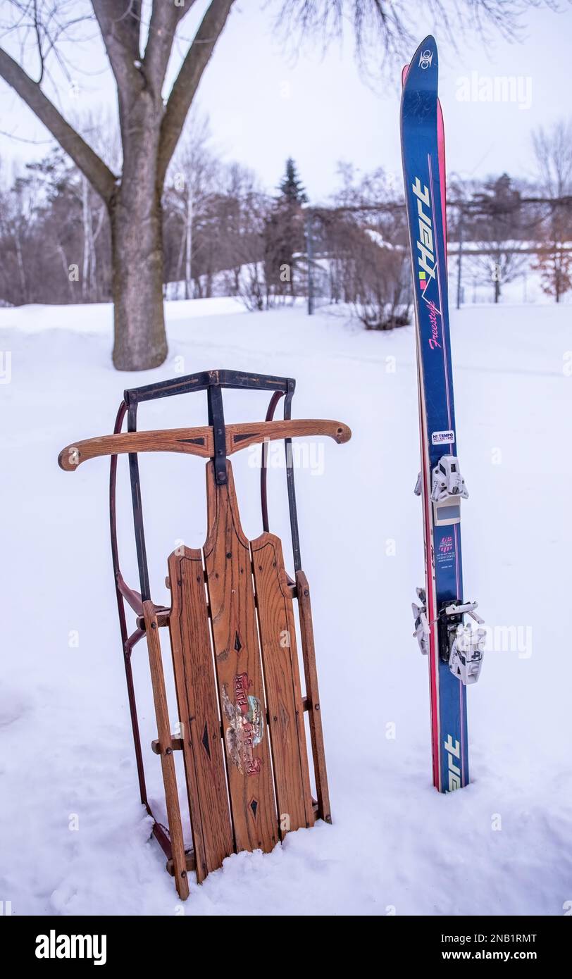 Wooden skis on snow snow hi-res stock photography and images - Alamy