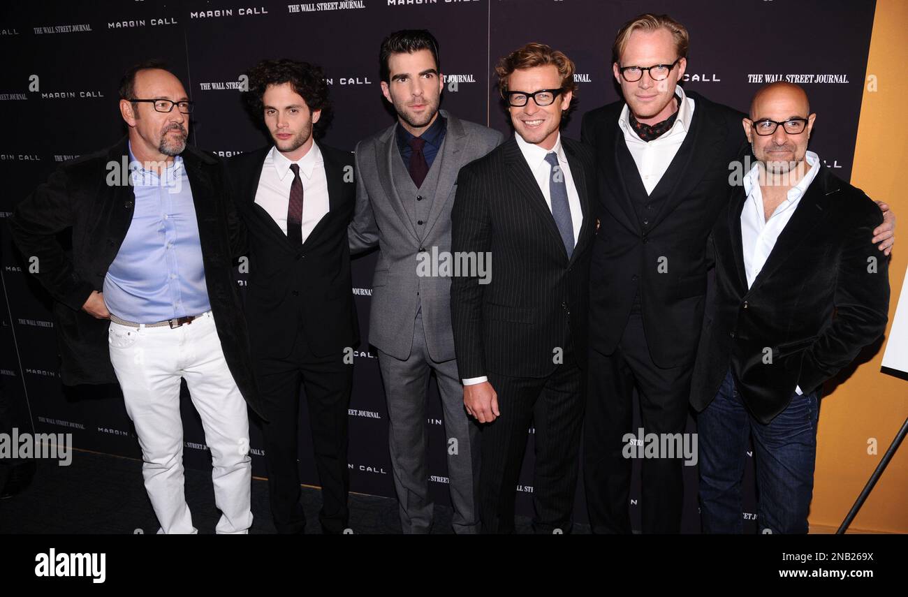 From left, actors Kevin Spacey, Penn Badgley, Zachary Quinto, Simon