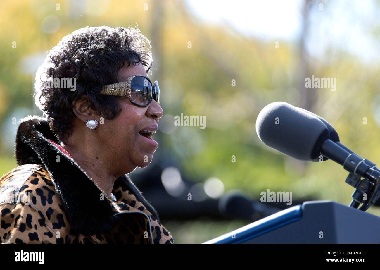 Aretha Franklin sings during the dedication ceremony for the Martin