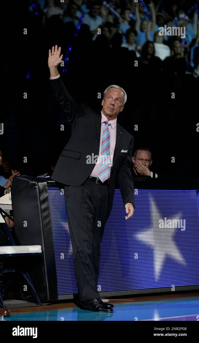 North Carolina coach Roy Williams waves to the crowd during "Late Night