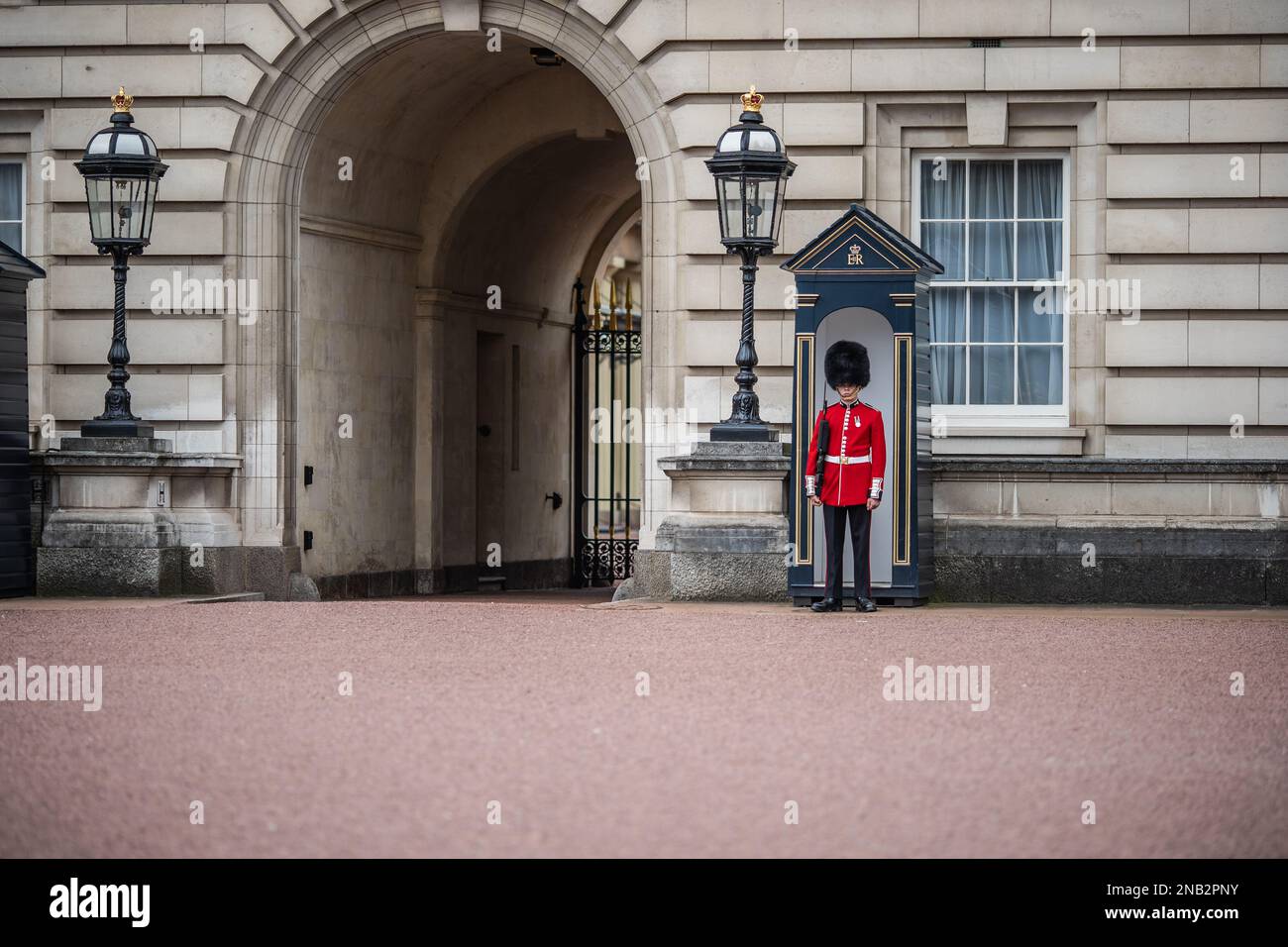 The queen's guard outside of Buckingham Palace in London, England. Stock Photo