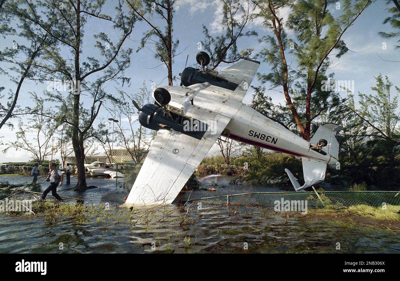 An airplane sits upside down in Jamaica on Sept. 14, 1988 after