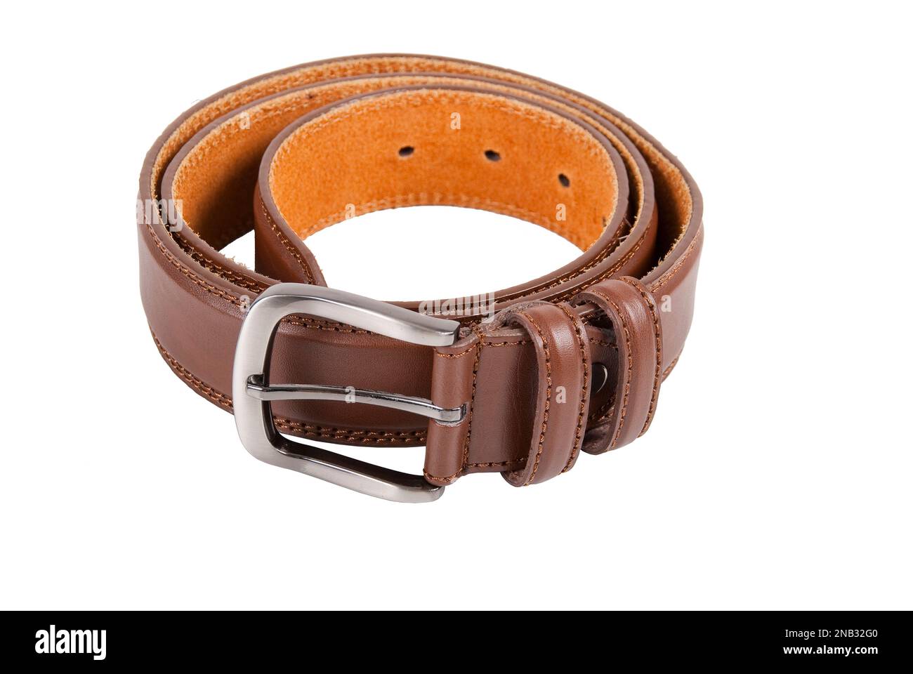 Brown leather belt with buckle in white background Stock Photo Alamy