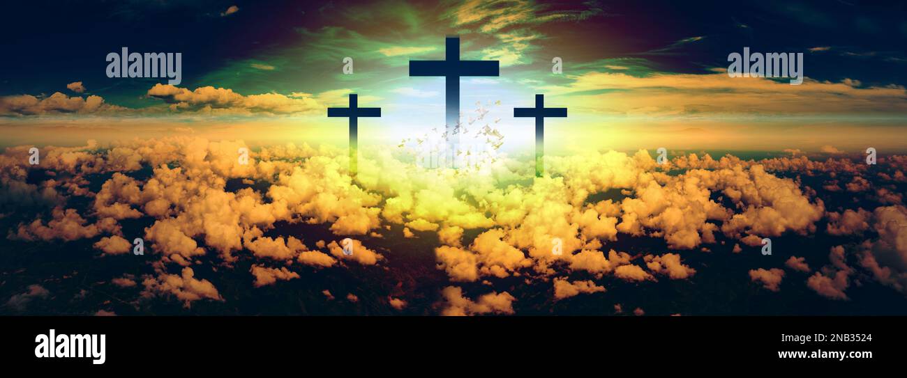 Illustration with cross of christ and people believers.Christian