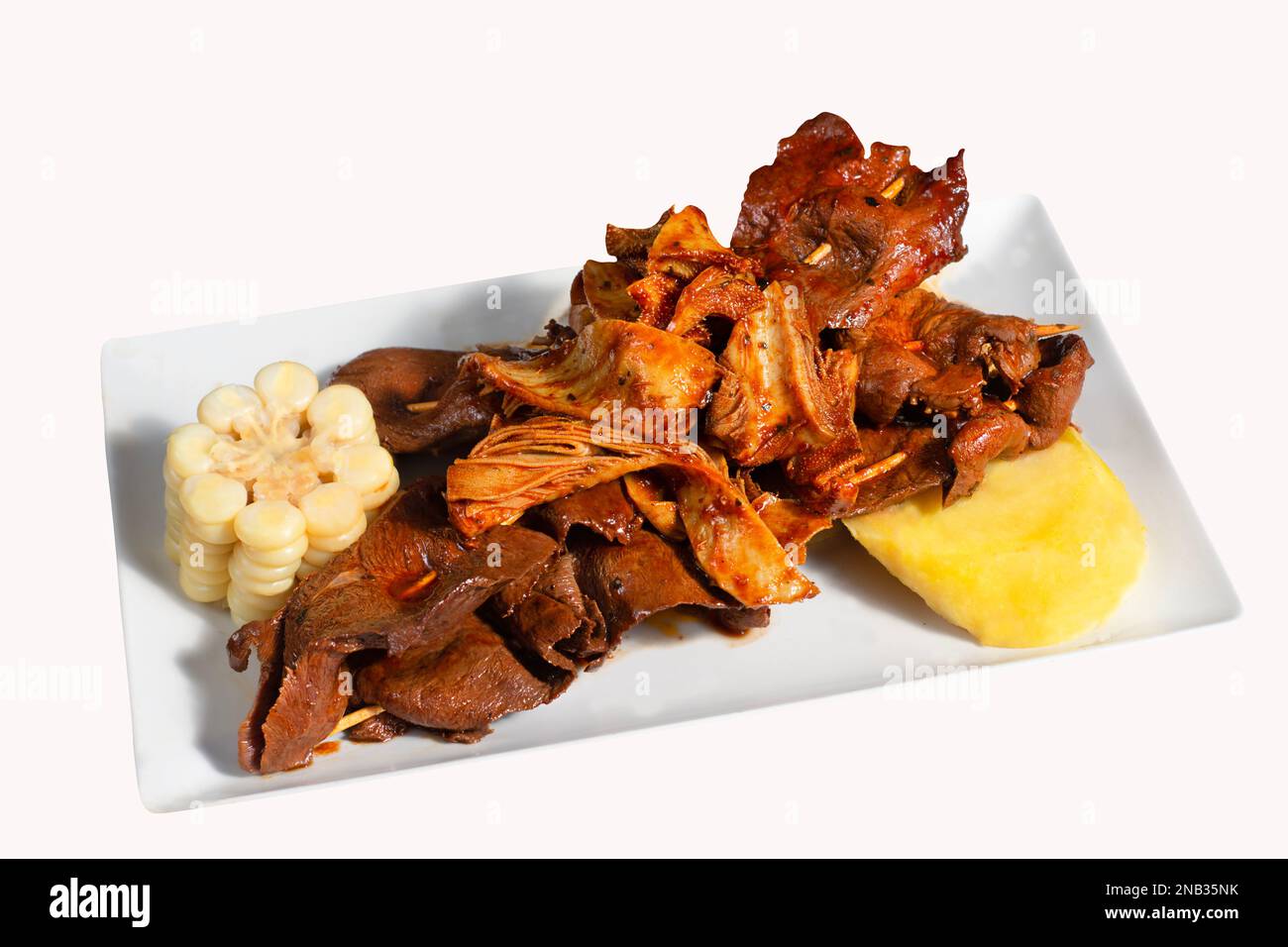 Peruvian traditional food. Veal heart cooked in chunks over charcoal