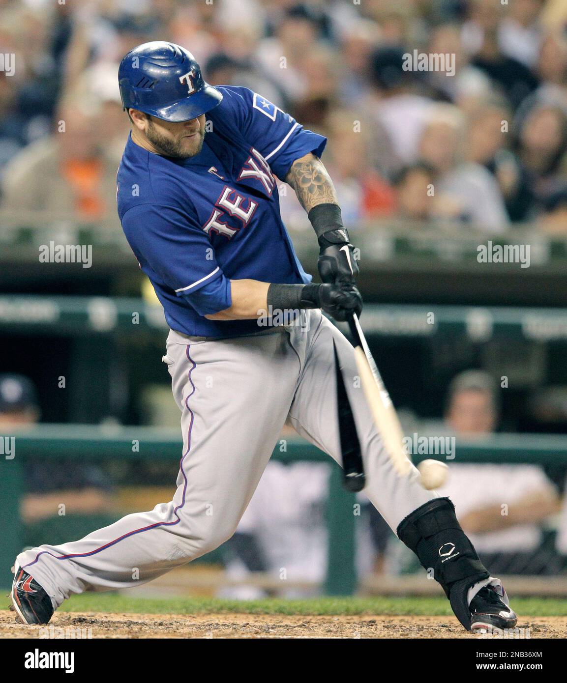 Texas Rangers' Mike Napoli breaks hits bat while grounding out during the  fourth inning during Game 3 of baseball's American League championship  series against the Detroit Tigers, Tuesday, Oct. 11, 2011, in