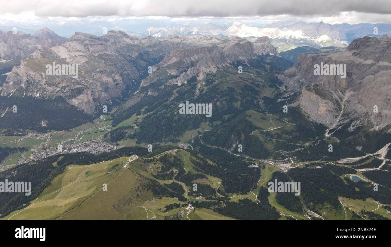 An aerial view of natural rocky scenery near the Dolomites Mountains in ...