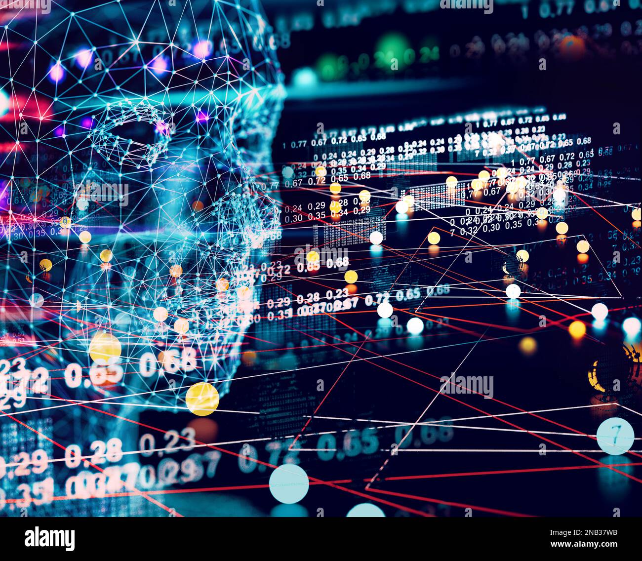 Abstract background of cyborg face and technology.Big data and learning machine.3d illustration. Stock Photo