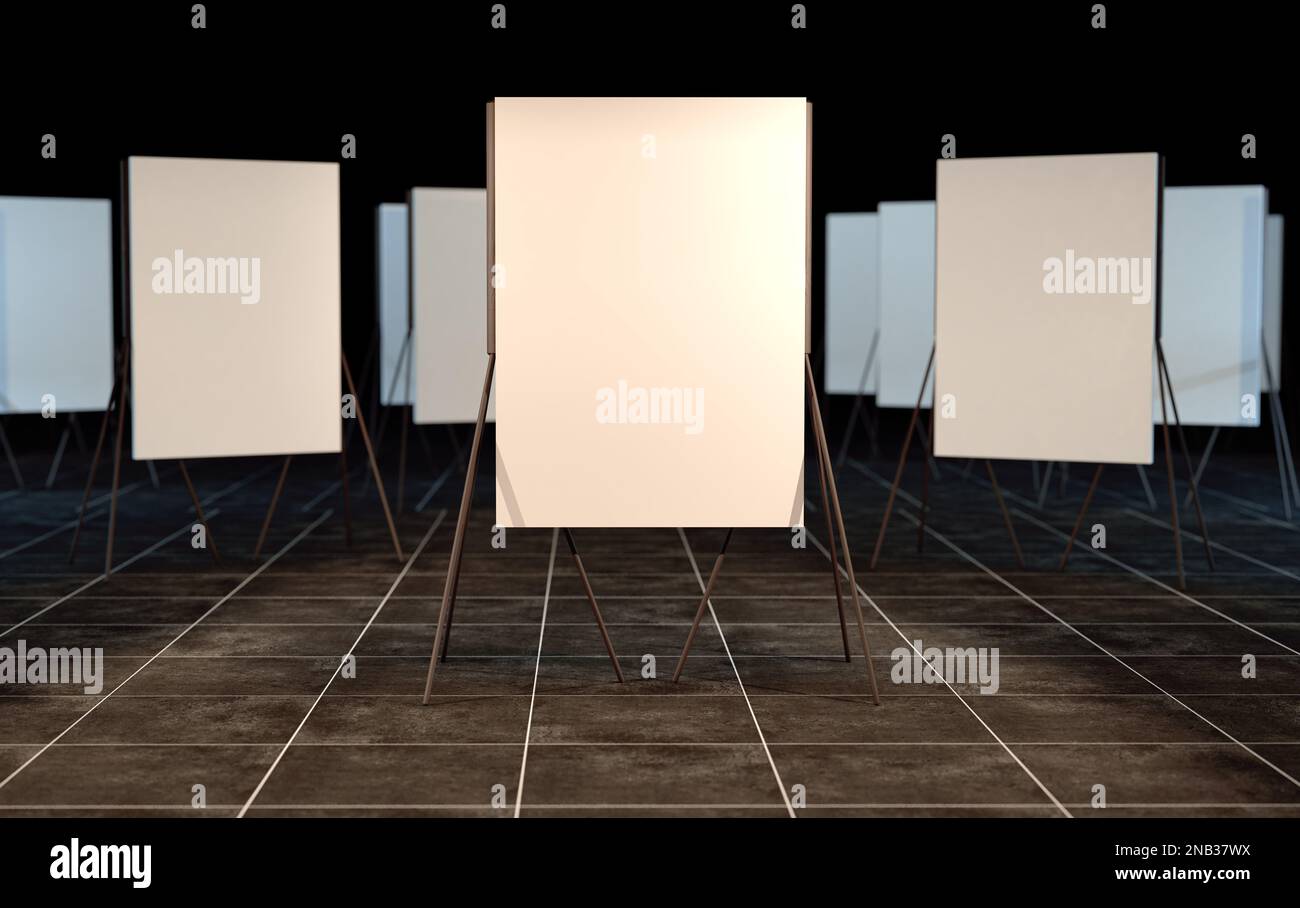 Presentation board, blank whiteboard for conference. Free space for advertising.Projection screen on stage. 3d illustration. Stock Photo