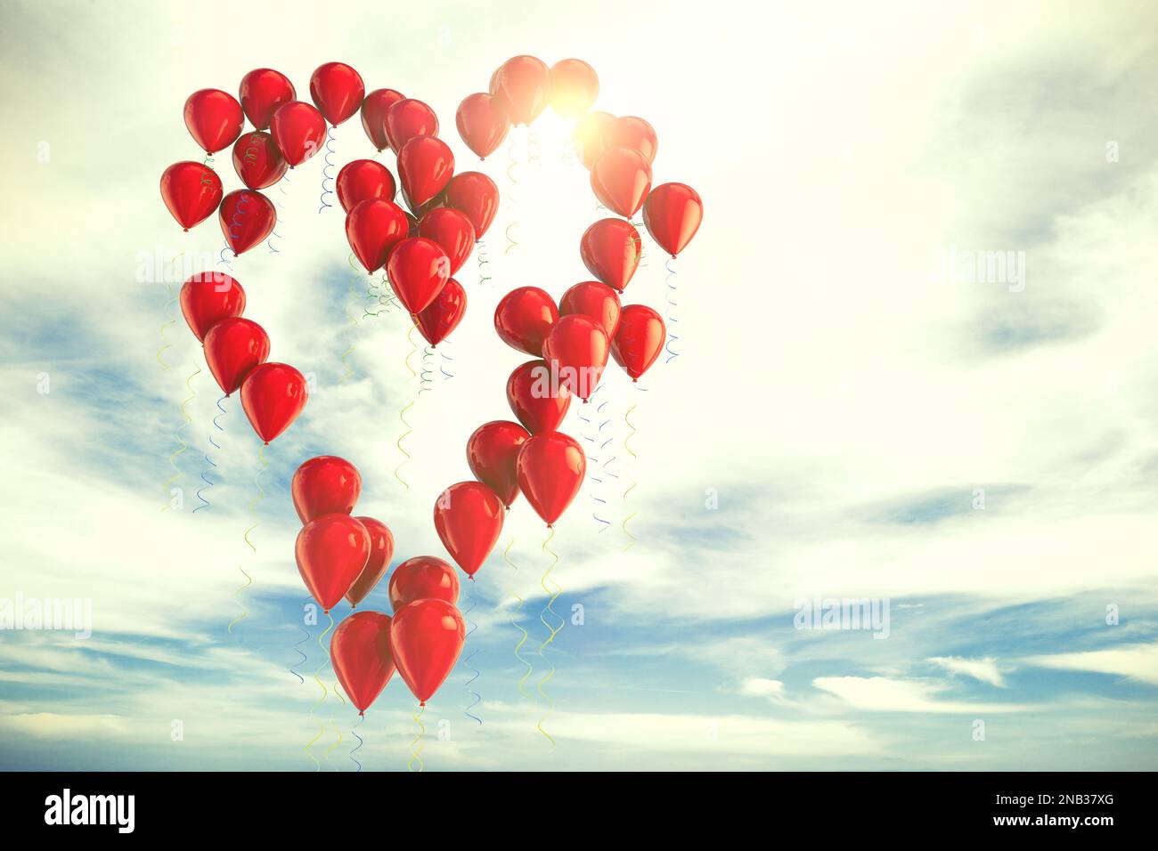Many red balloons making a heart shape in the blue sky.3d illustration ...