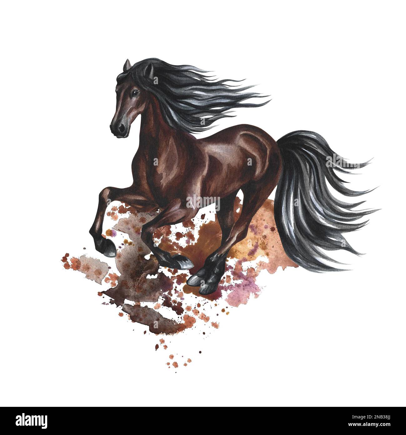 Running brown horse. Splashes and stains. Watercolor. For printing, stickers and labels. For postcards, business cards and packaging. For banners, pos Stock Photo