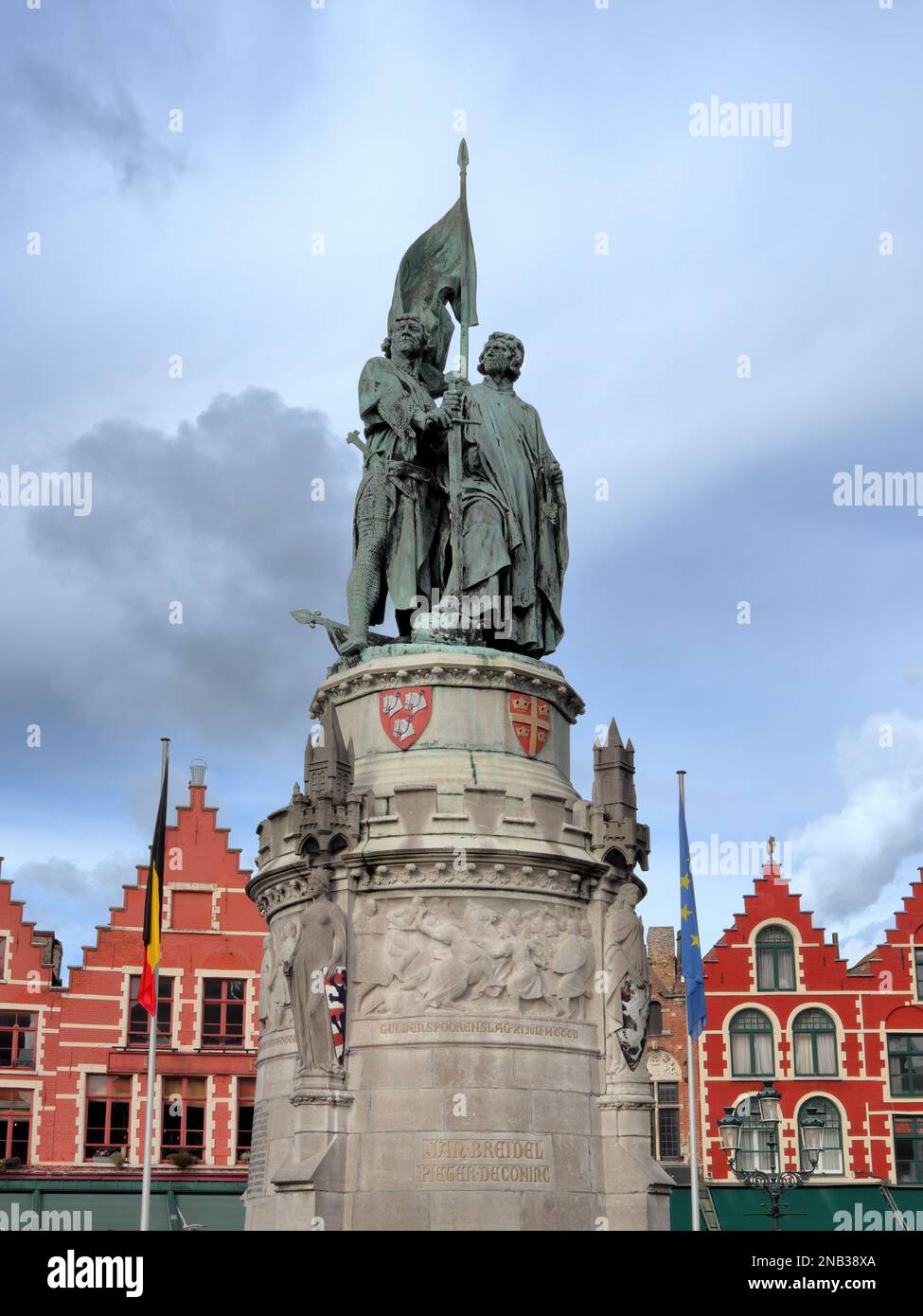 Statue of Jan Breydel and Pieter De Coninck in the Market Square of Bruges, Belgium Stock Photo