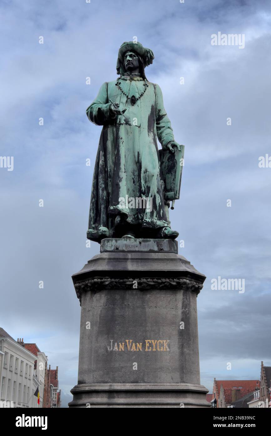 Monument to famous Flemish painter Jan Van Eyck, in Bruges, Belgium