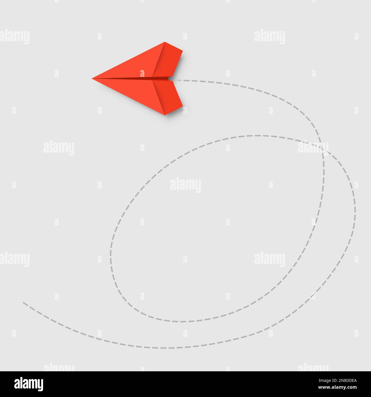 Red paper plane flying. Route of aircraft in form of dotted line. Be