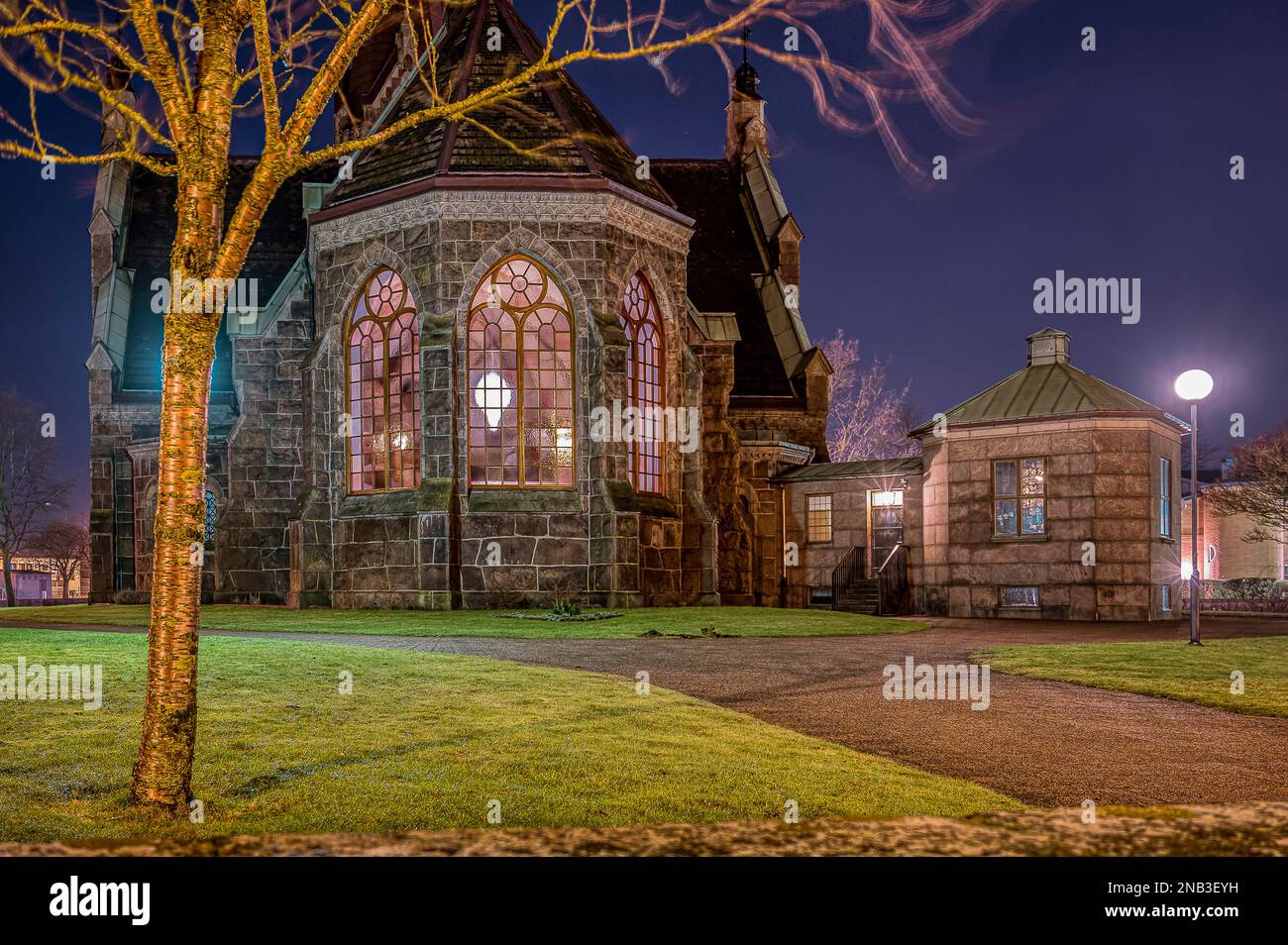 Falkenberg church at night, Sweden, February 11, 2023 Stock Photo