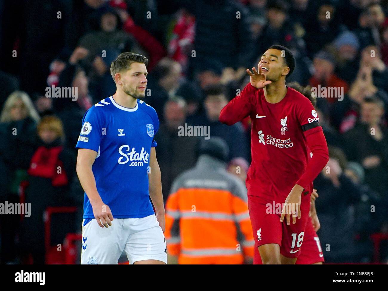 Liverpool's Cody Gakpo celebrates scoring their side's second goal of the game during the Premier League match at Anfield, Liverpool. Picture date: Monday February 13, 2023. Stock Photo
