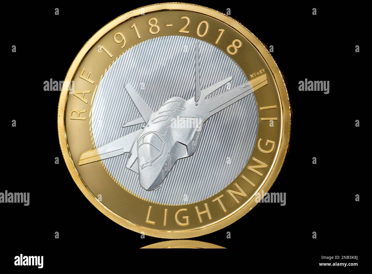 Lockheed F35 Lightning featured on the reverse side of a Silver proof £2 coin issued in 2018 to commemorate 100 years of the RAF Stock Photo