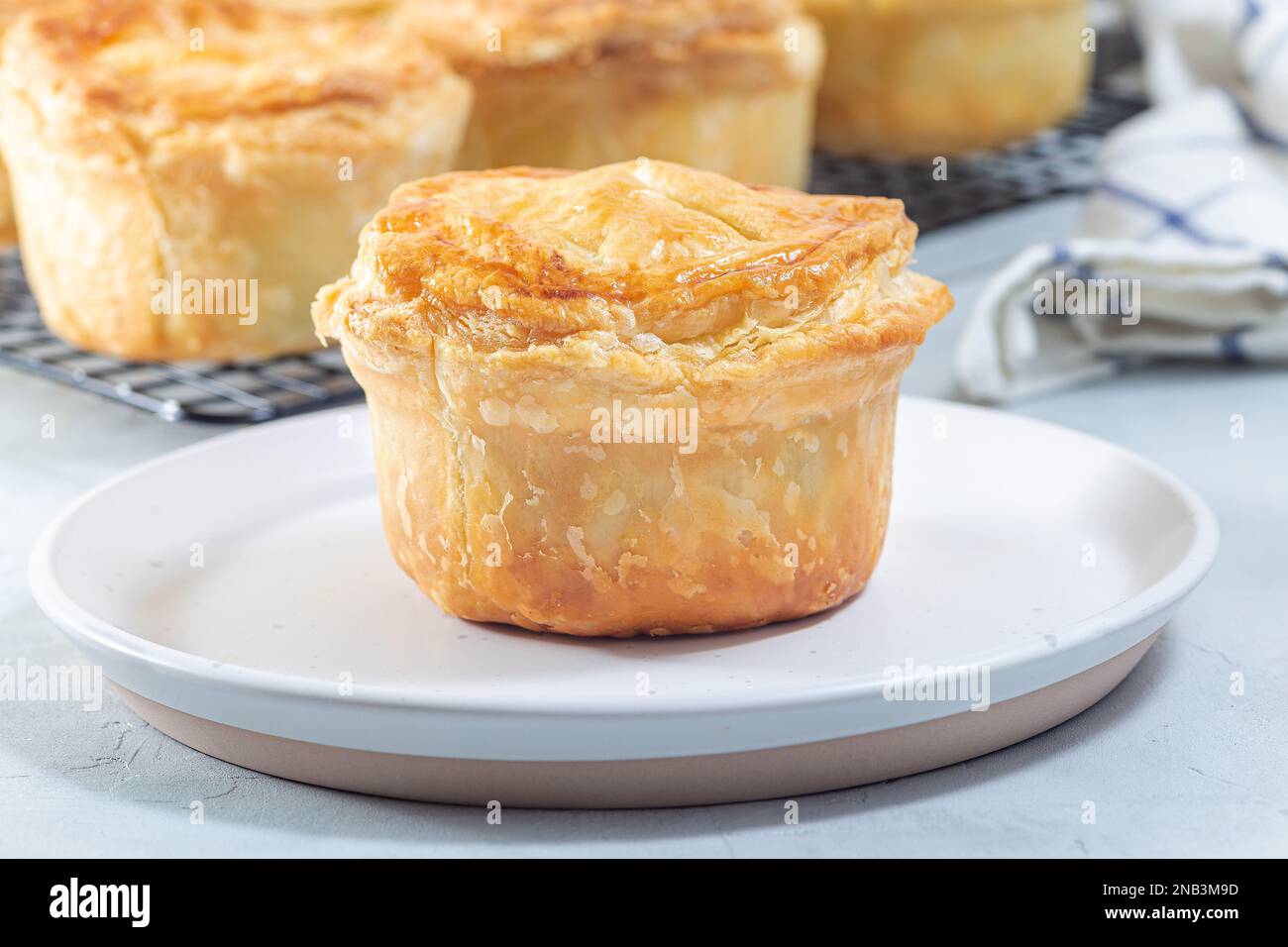 Small beef pot pies on a plate and cooling rack, horizontal Stock Photo