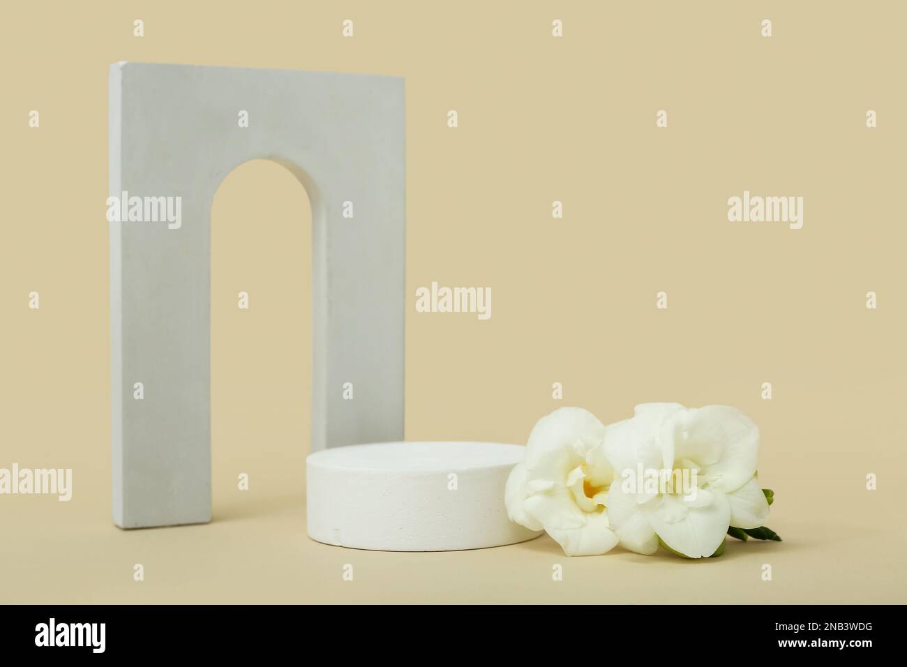 Podiums with beautiful flowers on beige background. Hello spring Stock ...