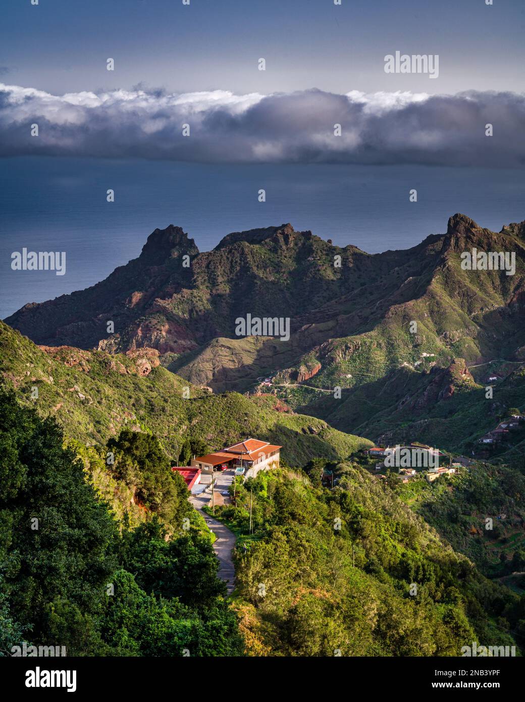 An aerial view of mountain range, green valley of Anaga Rural Park