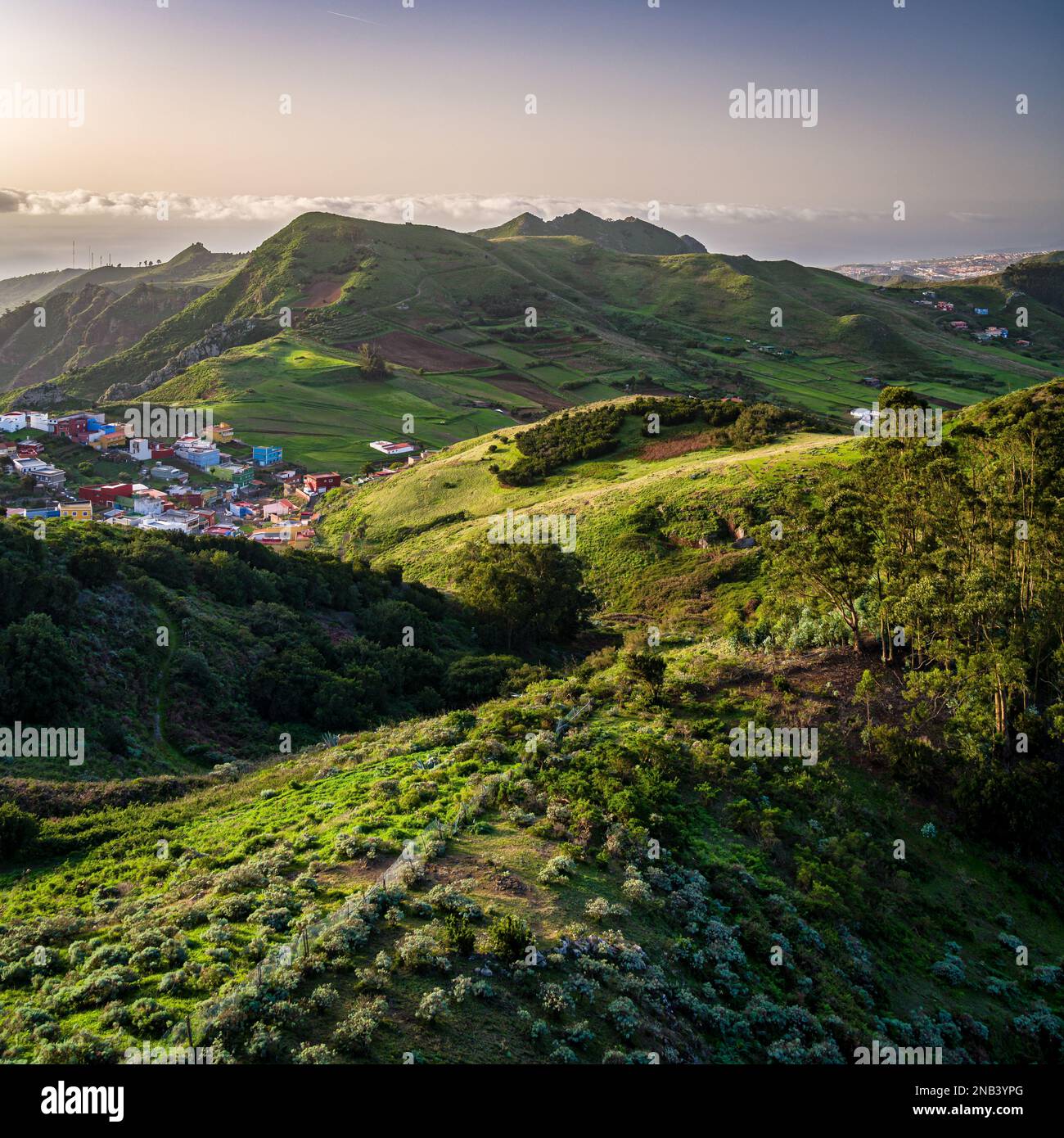 An aerial view of mountain range, green valley of Anaga Rural Park