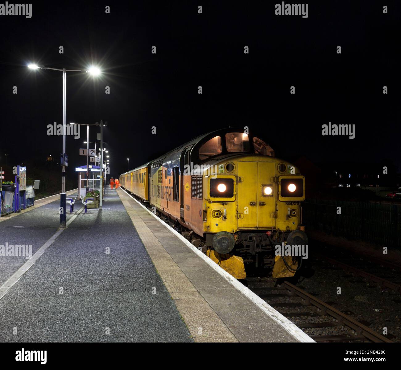 Colas Rail Freight class 37 diesel locomotive at Morecambe  with the Network Rail plain line pattern recognition infrastructure monitoring train Stock Photo