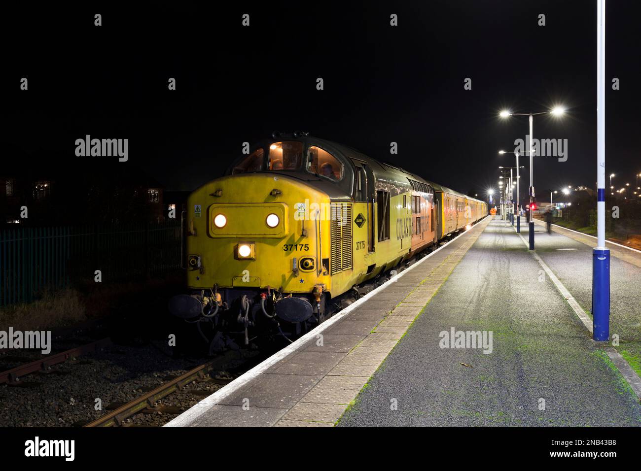 Colas Rail Freight class 37 diesel locomotive at Morecambe  with the Network Rail plain line pattern recognition infrastructure monitoring train Stock Photo