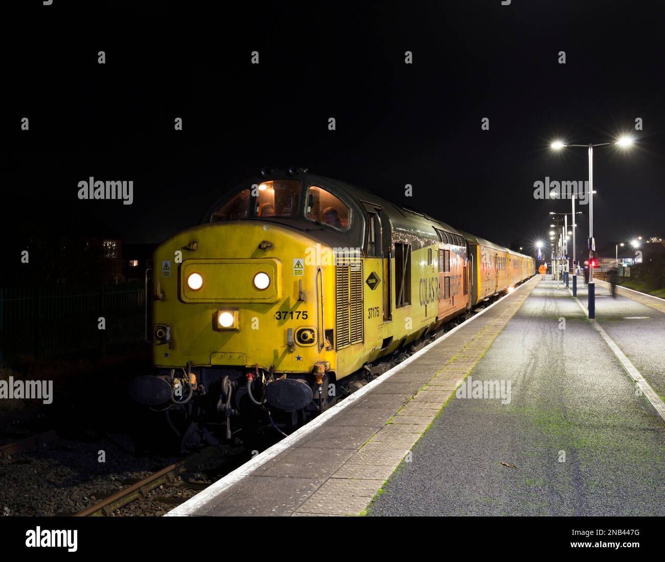 Colas Rail Freight class 37 diesel locomotive at Morecambe  with the Network Rail plain line pattern recognition infrastructure monitoring train Stock Photo