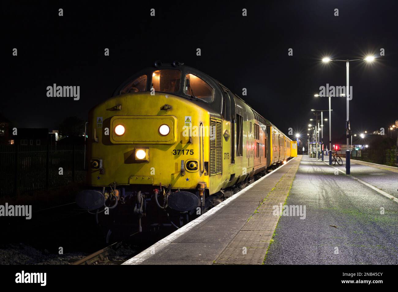 Colas Rail Freight class 37 diesel locomotive at Morecambe  with the Network Rail plain line pattern recognition infrastructure monitoring train Stock Photo