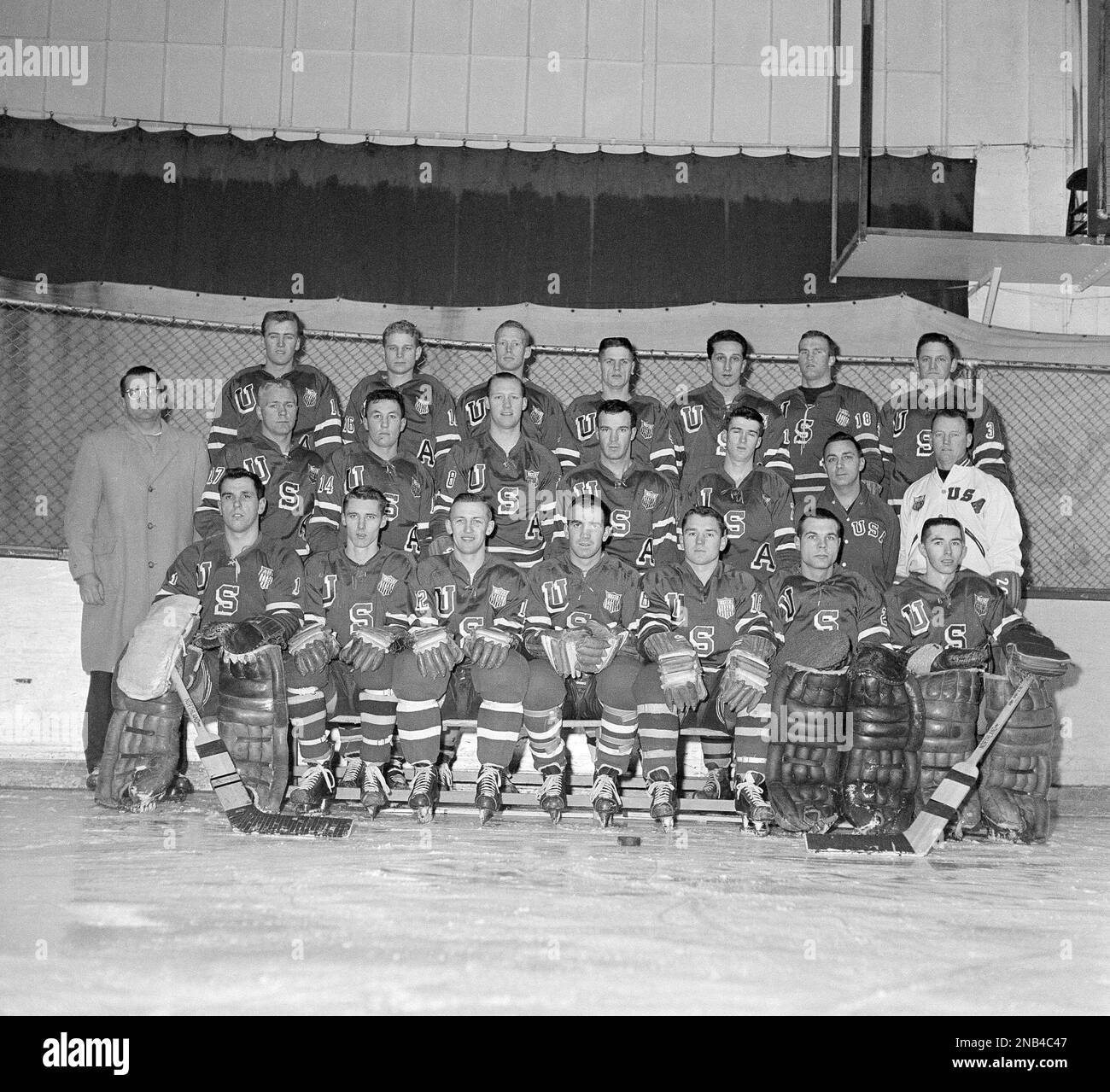 The United States Olympic Ice Hockey Squad shown on the ice rink at the